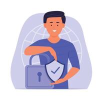 Man and Digital Security Shield with Padlock Symbol for Cyber Security Concept Illustration vector