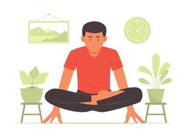 Young Man Doing Yoga Exercise at Home vector