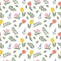 Seamless pattern with handdrawn spring flowers. Vector design on white background.