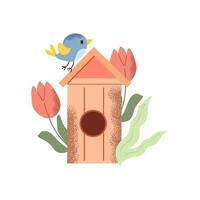 Handdrawn birdhouse with cute bird and tulips. Vector Easter design with texture.