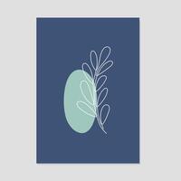 Line art poster with hand drawn leaves. Vector minimalistic illustration on dark blue background.