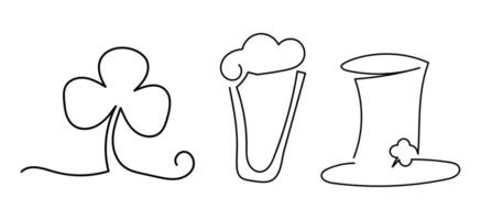 Handdrawn line art set for St Patrick day. Hat, clover, beer glass vector design element.