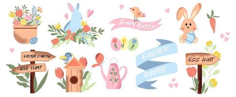 Easter collection of flowers, eggs, bunny, ribbons, basket, birdhouse and direction signs. Handdrawn vector set with texture.