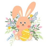 Cute Easter bunny holding an egg. Handdrawn spring flowers composition. vector