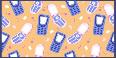 Hand drawn seamless pattern with retro mobile phones. Colourful vector design.