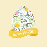 Elegant greeting card Happy Easter with ribbon and egg decorated with flowers. Handdrawn vector celebration design.