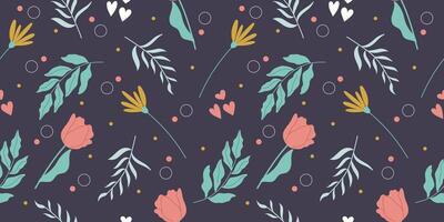Elegant handdrawn pattern with spring flowers and leaves on dark background. Square seamless vector design.