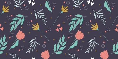 Elegant handdrawn pattern with spring flowers and leaves on dark background. Square seamless vector design.