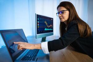 Business trader woman working on financial markets in a modern office photo