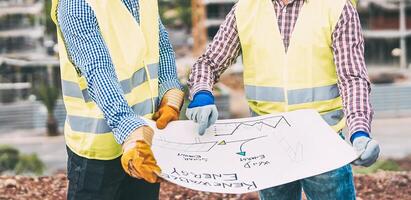 trabajadores ingenieros que se discute acerca de el nuevo edificio zona - joven constructores leyendo el proyecto en el construcción sitio - trabajo en equipo, carpintería, Ingenieria concepto foto