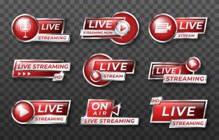 Unique Realistic Set Red Social Media Live Streaming Full HD 3d Badge Isolated on Background vector