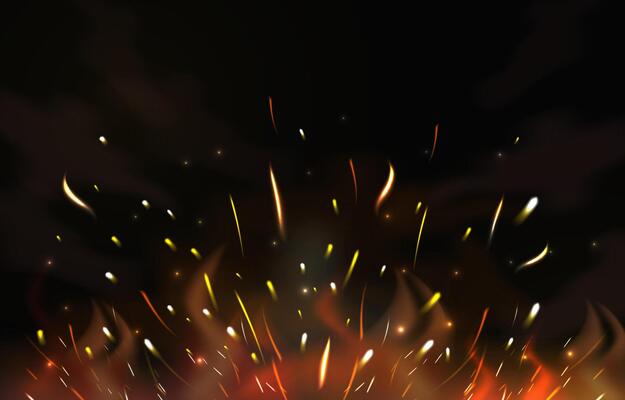 Realistic Flame Flare Fire Sparks on Dark Background. Flying up Sparks, Burning Fire Particles with Smoke Texture