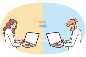 Teamwork of man and woman working remotely via laptops on one project via internet vector