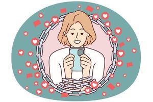 Woman with chained hands using phone symbolizing addiction to internet and gadgets. Vector image