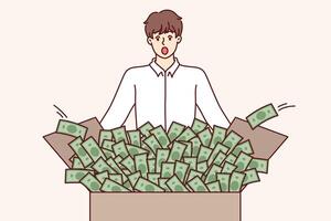 Shocked man looks at box full of money, surprised to get big profit from investing in stock market vector