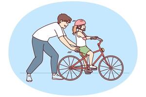 Loving father helps pre-teenage daughter in helmet learn to ride bike vector