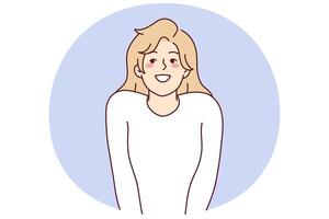 Modest attractive woman stands in shy pose pressing hands to body, sincerely smiling. Vector image