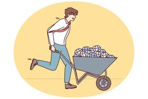 Successful business man in shirt and tie runs with cart filled with diamonds vector