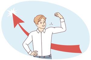 Happy man in white shirt showing biceps while standing near arrow pointing up. Vector image