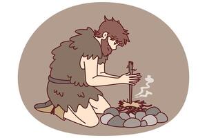 Primitive man on knees for first time breeds bonfire using stick and friction force vector