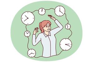 Frightened woman raising hands standing among clocks symbolizing tough deadlines vector