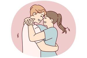 Man and woman in love embrace after long separation, rejoicing at long-awaited date. Vector image