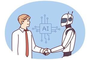 Man shakes hands with robot as sign of friendship between humans and artificial intelligence AI vector