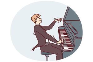 Man pianist masterfully plays classical music while sitting in tuxedo for performances vector