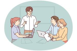 Successful people working in modern startup listening to colleagues presentation. Vector image