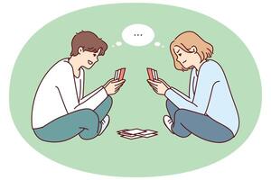 Young man and woman play cards sitting on floor and think what next move to make vector