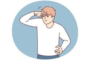 Young man raises hand to forehead to see distant object or protect eyes from sun rays. Vector image