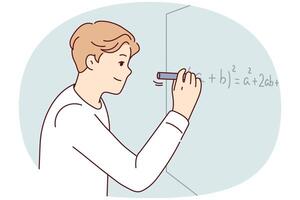 Man solves complex mathematical problems by completing tasks of university teacher. Vector image