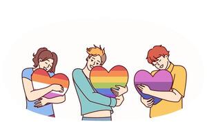 People hugging hearts painted in colors of LGBT and LGBTQ flags making freedom of choice in sex vector