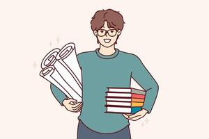 hombre estudiante con libros de texto y documentos para creando Ingenieria dibujos, sonrisas y mira a pantalla vector