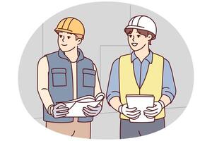 Two male builders in worker uniform look to side discussing construction process. Vector image