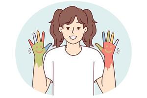 Little positive girl demonstration hands painted with colorful paints with emoticons. Vector image