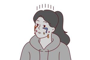 Crying woman with depressed grimace and multi-colored tears, suffering due to lack creative success. vector