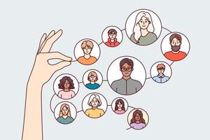 Networking connections between different people, in hands of person, formed community of interests vector