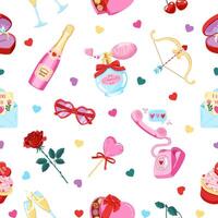 Cute seamless pattern with Valentine's Day items on a white background. Handmade vector illustration