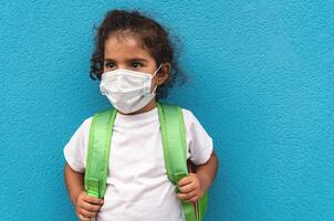 Child wearing face protective mask going back to school during corona virus pandemic - Healthcare and education concept photo