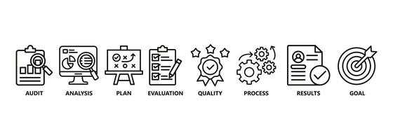 evaluación bandera web icono vector ilustración para acreditación y evaluación método en negocio y educación con auditoría, análisis, plan, evaluación, calidad,proceso,resultados y objetivo