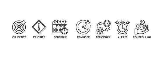 Time management banner web icon vector illustration concept with icon of objective, priority, schedule, reminder, efficiency, alerts, and controlling