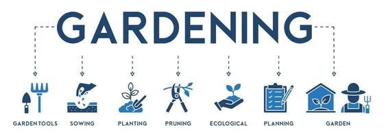 Gardening icons set and design elements vector illustration with the icon of garden tools, sowing, planting, pruning, ecological, planning and garden