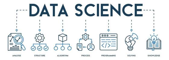 bandera datos Ciencias concepto con Inglés palabras clave y icono de análisis, estructura, algoritmo, proceso, programación, resolviendo y conocimiento vector