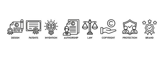 Intellectual property banner web icon vector illustration concept for trademark with icon of design, patents, invention, authorship, law, copyright, protection, and brand