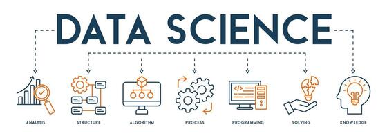 Banner Data science concept with English keywords and icon of analysis, structure, algorithm, process, programming, solving and knowledge vector