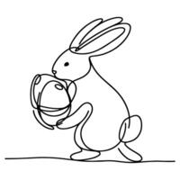 Hand drawn black line art rabbit easter egg doodle coloring linear style vector illustration elements. one continuous line drawing bunny with eggs Editable stroke outline