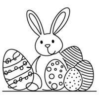 Hand drawn black line art rabbit easter egg doodle coloring linear style vector illustration elements. one continuous line drawing bunny with eggs Editable stroke outline