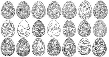 collection hand drawing black line art floral easter eggs outline  doodle decorated with many different design for easter egg vector on white background