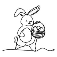 Hand drawn black line art rabbit easter egg doodle coloring linear style vector illustration elements. one continuous line drawing bunny with eggs Editable stroke outline